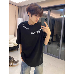 上衣 T恤男重磅纯棉宽松百搭青少年黑色半袖 美式 高街字母印花短袖