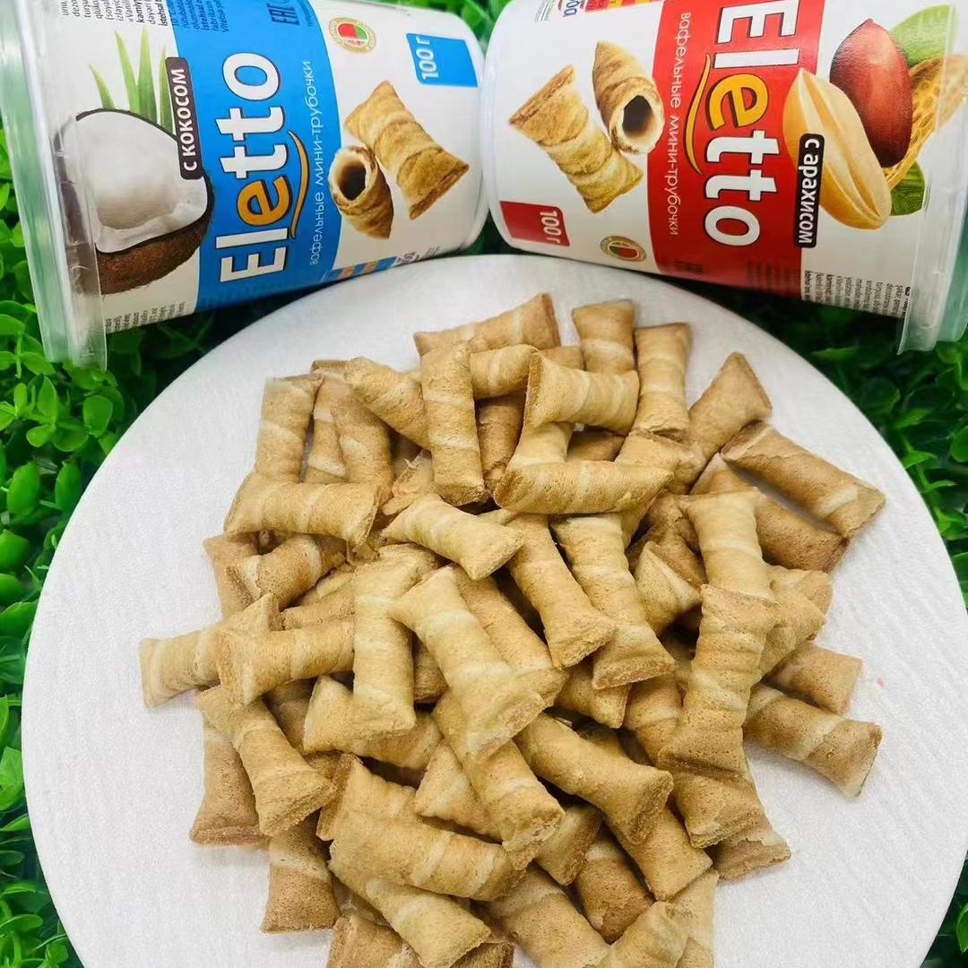 白俄罗斯进口酥脆蛋卷维特巴牌花生椰子杯装迷你蛋卷