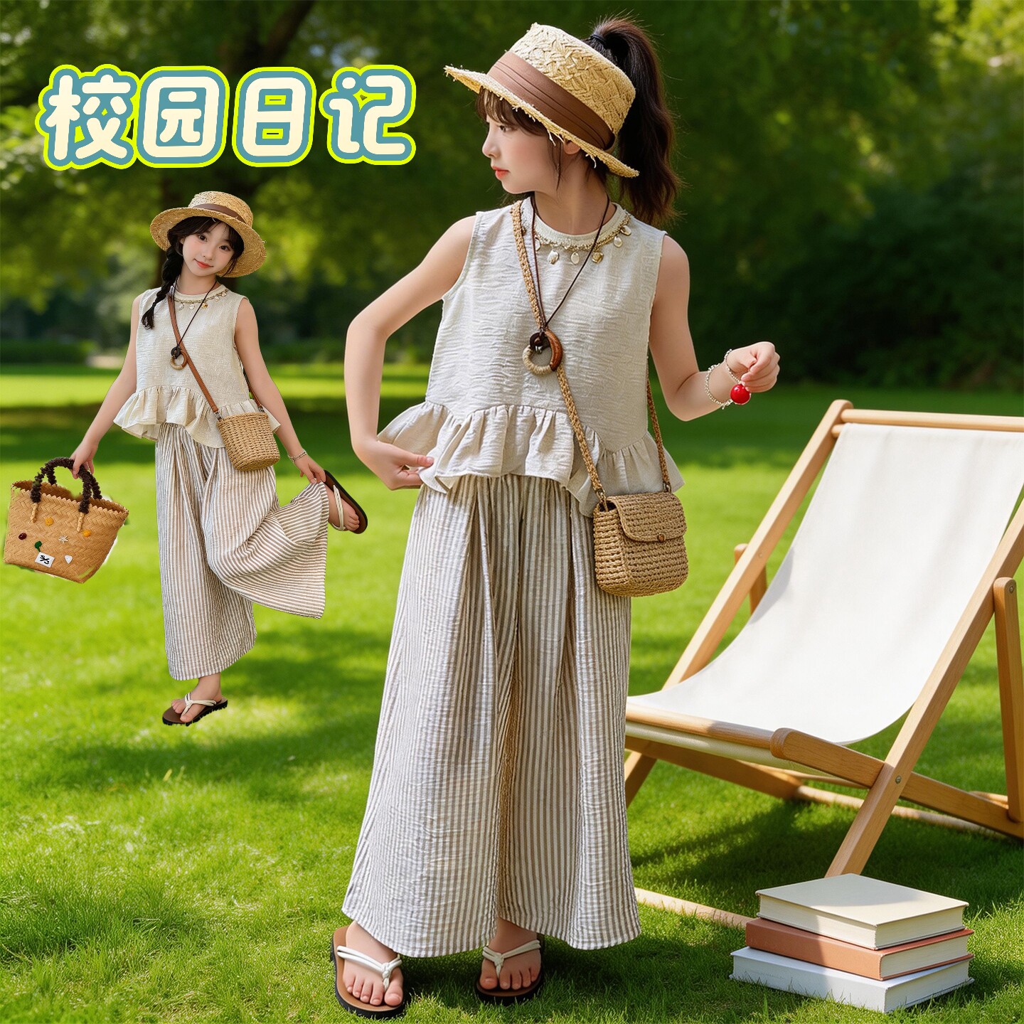 女童夏季棉麻无袖阔腿裤两件套图片