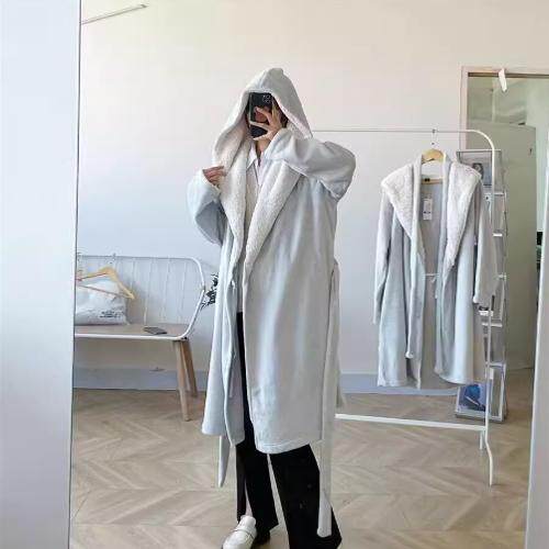 尾单珊瑚绒中长款女士秋冬纯色连帽系带睡袍浴袍晨服家居服睡衣