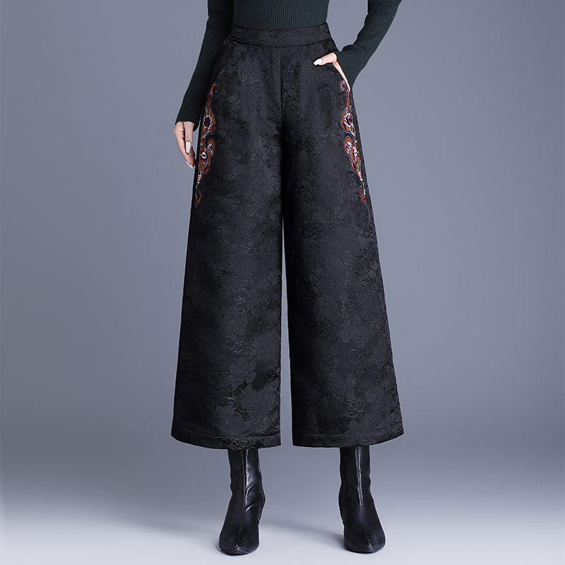 中国风复古冬季棉裤 提花夹棉七分/九分靴裤刺绣洋气阔腿裤女松紧