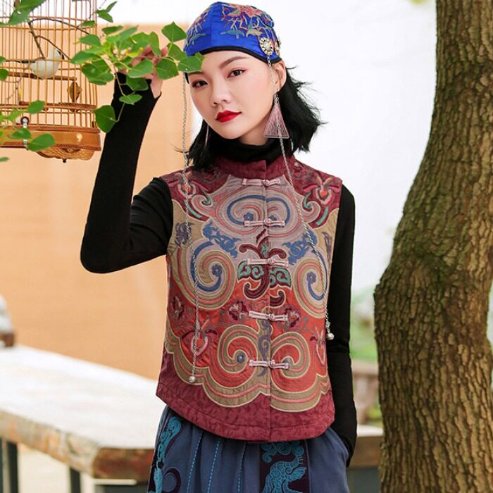 包邮 中国风个性复古马甲 重工刺绣盘扣唐装 立领无袖外搭 女马夹