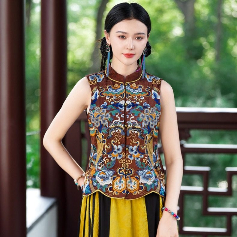 开衫中式复古小立领刺绣女马夹