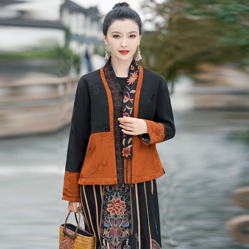 中国风复古冬装宽松外套 拼接色刺绣花中式外搭开衫 国潮女薄棉服