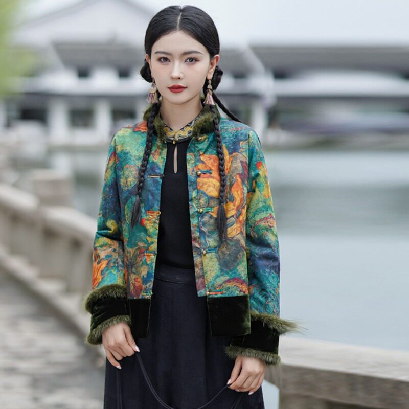 2024冬季印花中式复古开衫 毛毛领一字扣夹棉薄外套 国潮棉服女
