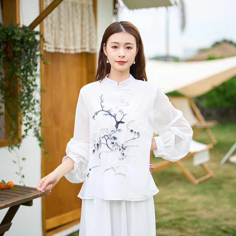 民族风复古国潮宽松上衣 灯笼长袖雪纺衫 小立领禅服 春夏 女衬衫