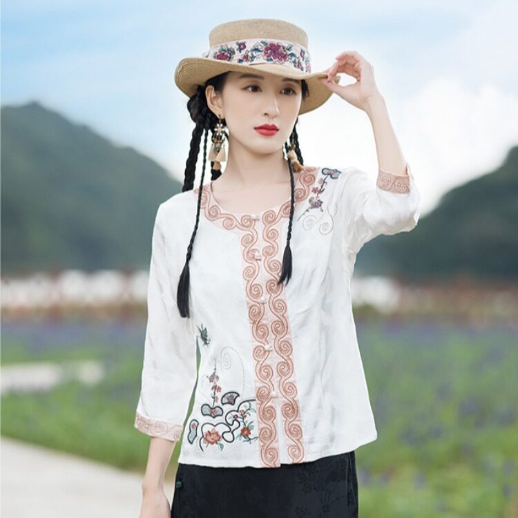 2025中国风复古中式衬衣 拼色简约刺绣个性七分袖上衣 春夏女衬衫