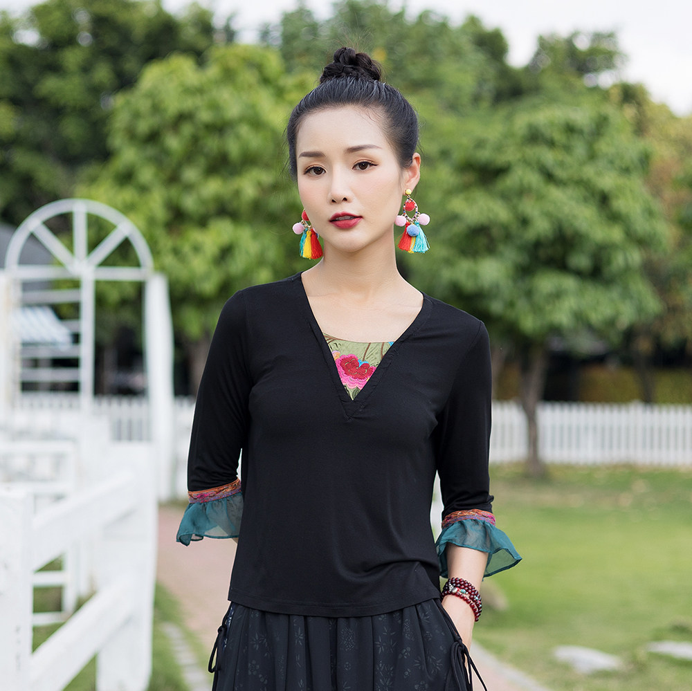 包邮 民族风春秋七分袖上衣 简约刺绣花拼接 修身文领 特色女T恤