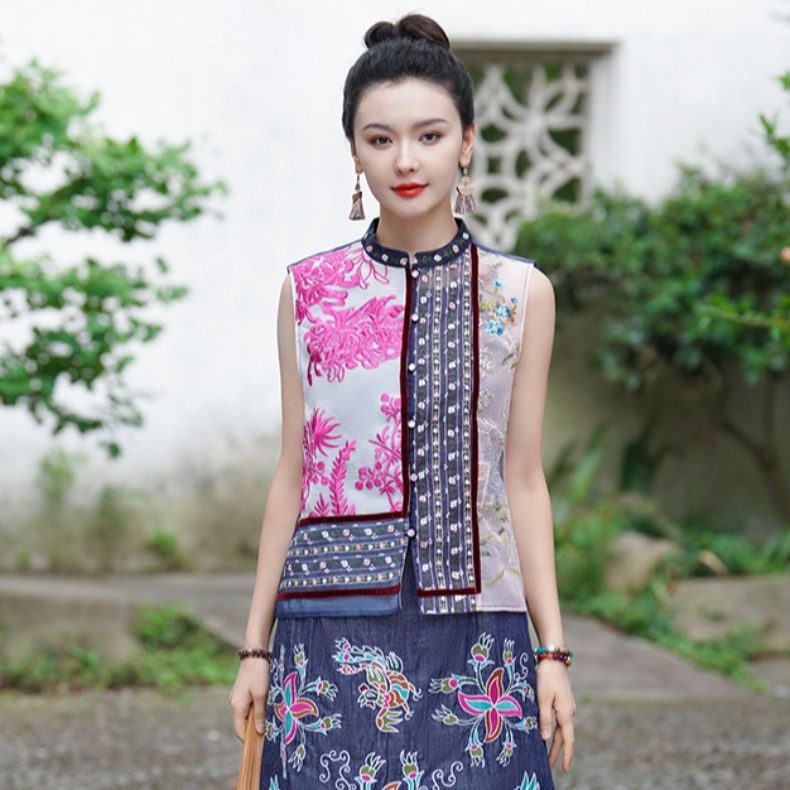 开衫新中式小立领刺绣女马甲
