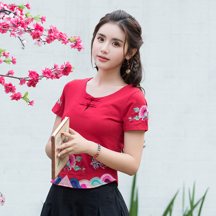 2025中国风时尚复古个性夏季短袖 盘扣重工刺绣花 简约女T恤 棉
