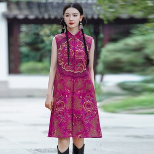 中国风秋冬高端刺绣外搭 小立领中长款马甲 新中式个性古风女马夹