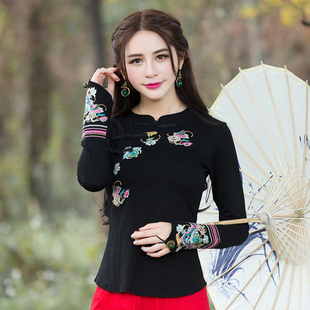 2025民族风春夏长袖上衣 盘扣指扣唐装 刺绣花修身气质 女T恤 棉