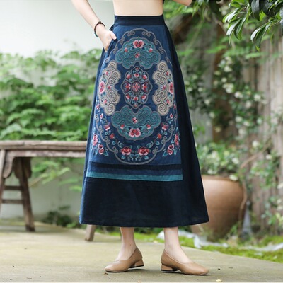 复古风重工刺绣松紧腰旅游半身裙