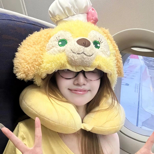 可爱卡通饼饼厨师狗连帽U型枕护颈椎旅行高铁飞机办公室休息靠枕