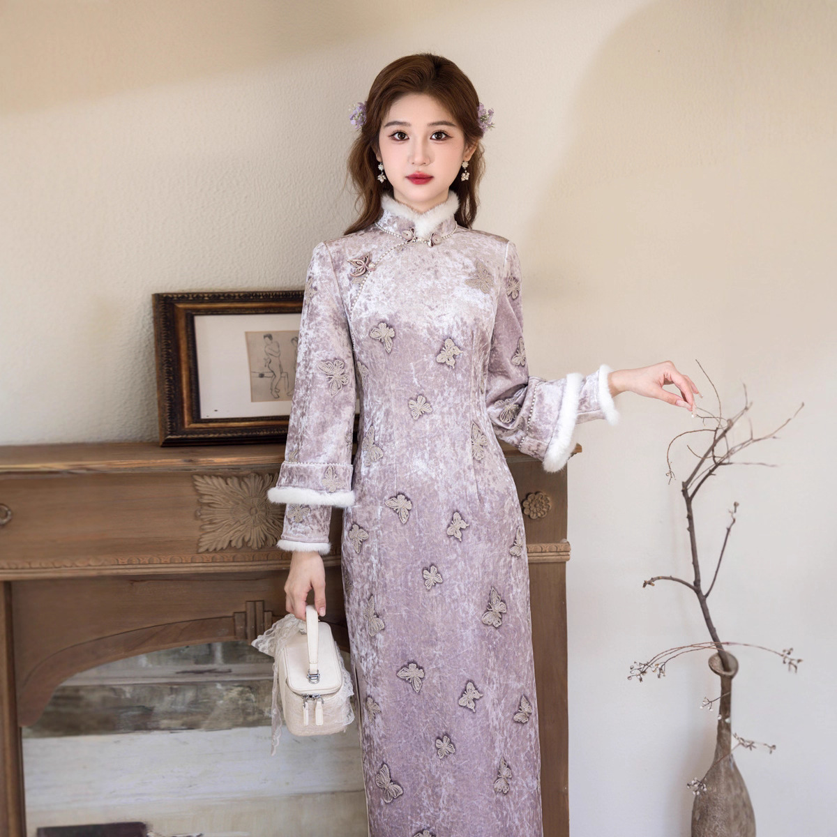 紫色旗袍2025秋冬新款新中式国风温柔改良版金钻绒绣花加绒连衣裙