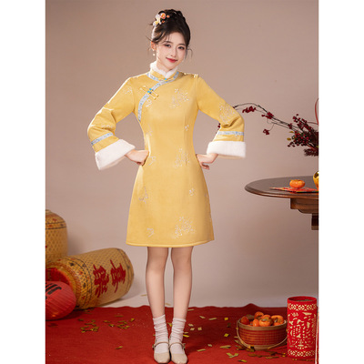 小个子旗袍冬装2025新款加绒加厚连衣裙新中式气质绝美长袖绣花冬