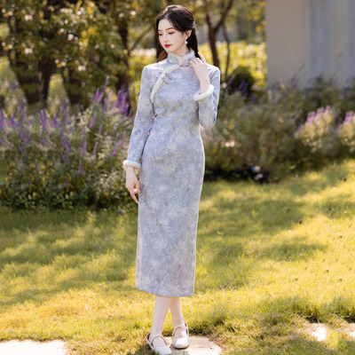 紫色加绒加厚冬装国风中式长款长袖改良旗袍2025新款年轻款连衣裙