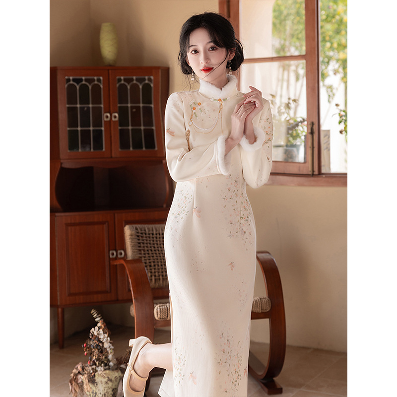 新中式毛呢素雅旗袍秋冬季加厚气质高端国风连衣裙小个子茶服日常