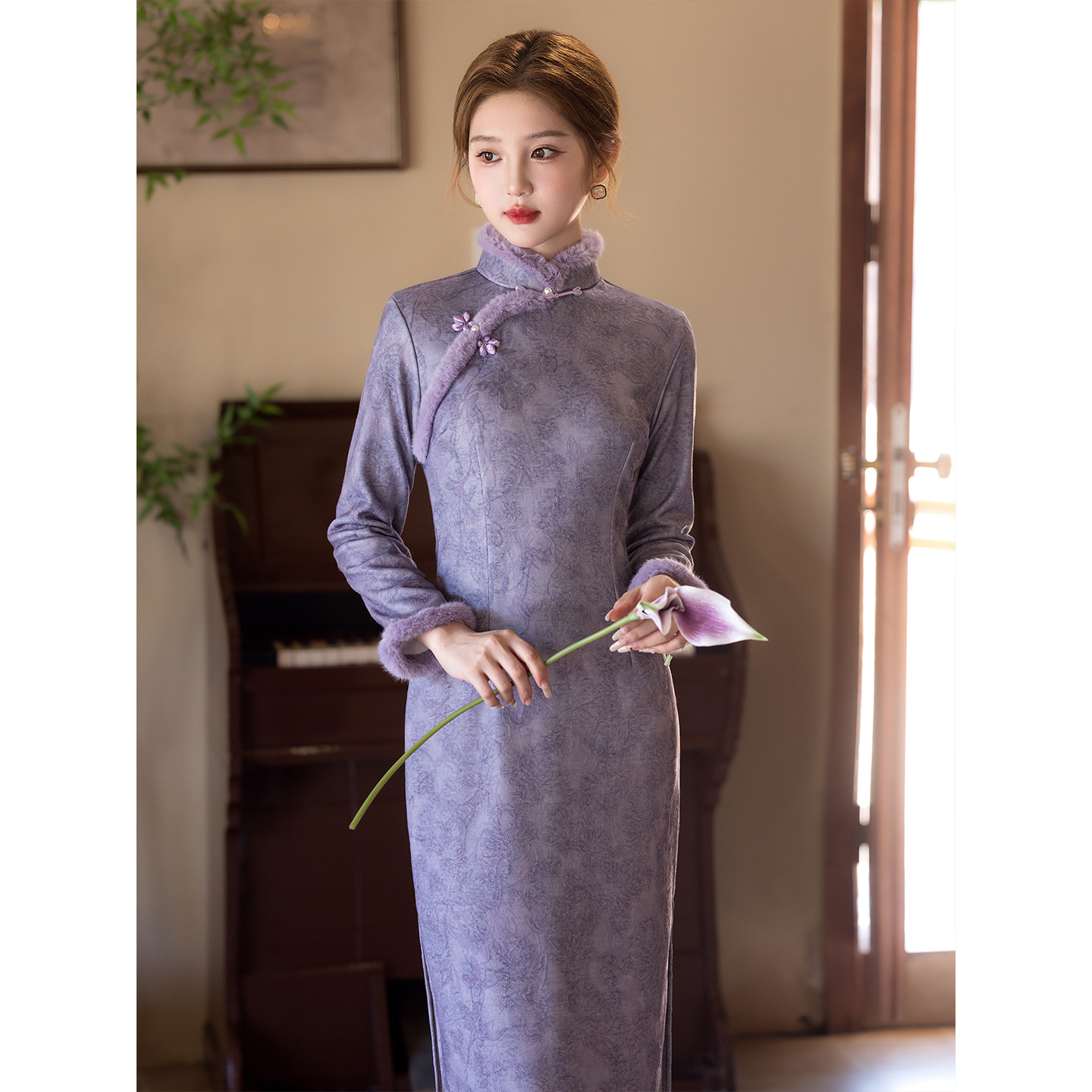 旗袍冬装紫色改良年轻款新中式2025新款长袖厚款气质秋冬高端大气