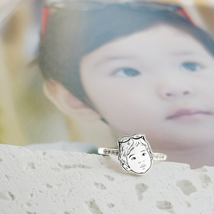 定制宝宝婴儿头像照片简笔画艺术照刻字女戒指环纪念礼物S925纯银