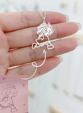 漫画定制925纯银情侣项链全家亲子款图案宝宝涂鸦手绘儿童画刻字