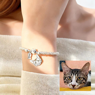 宠物照片定制925纯银饰手链小猫咪宠物纪念品首饰简约串珠小盘缠