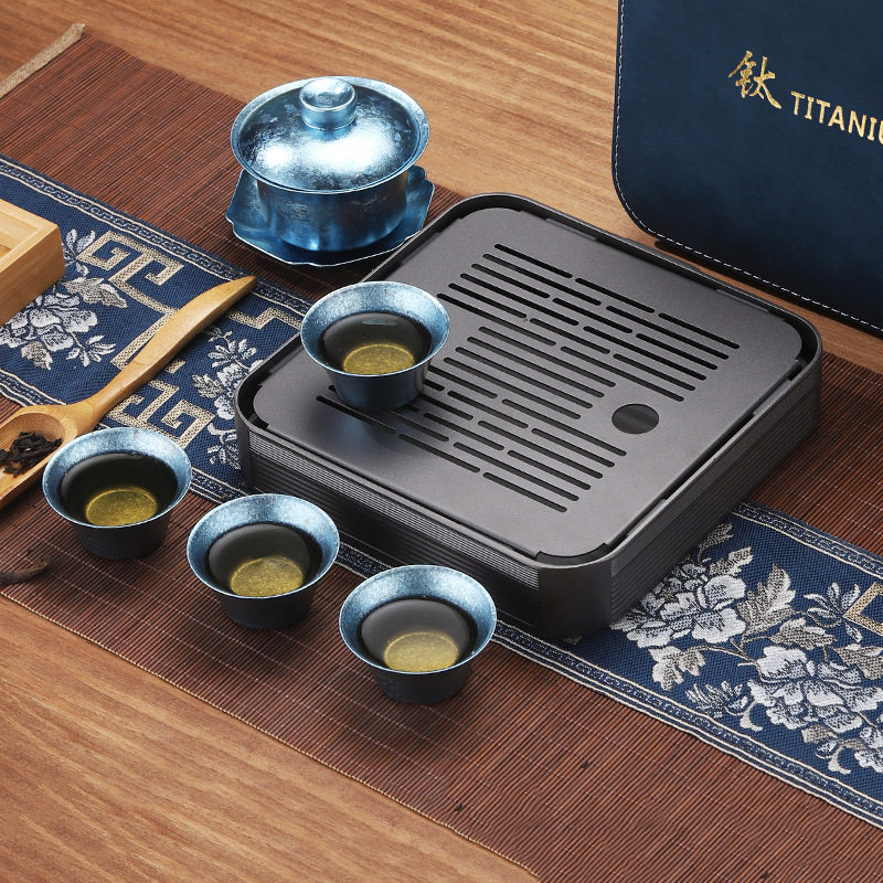 纯钛茶具盖碗套装双层防烫功夫茶三才盖碗茶碗户外便携式茶具套装