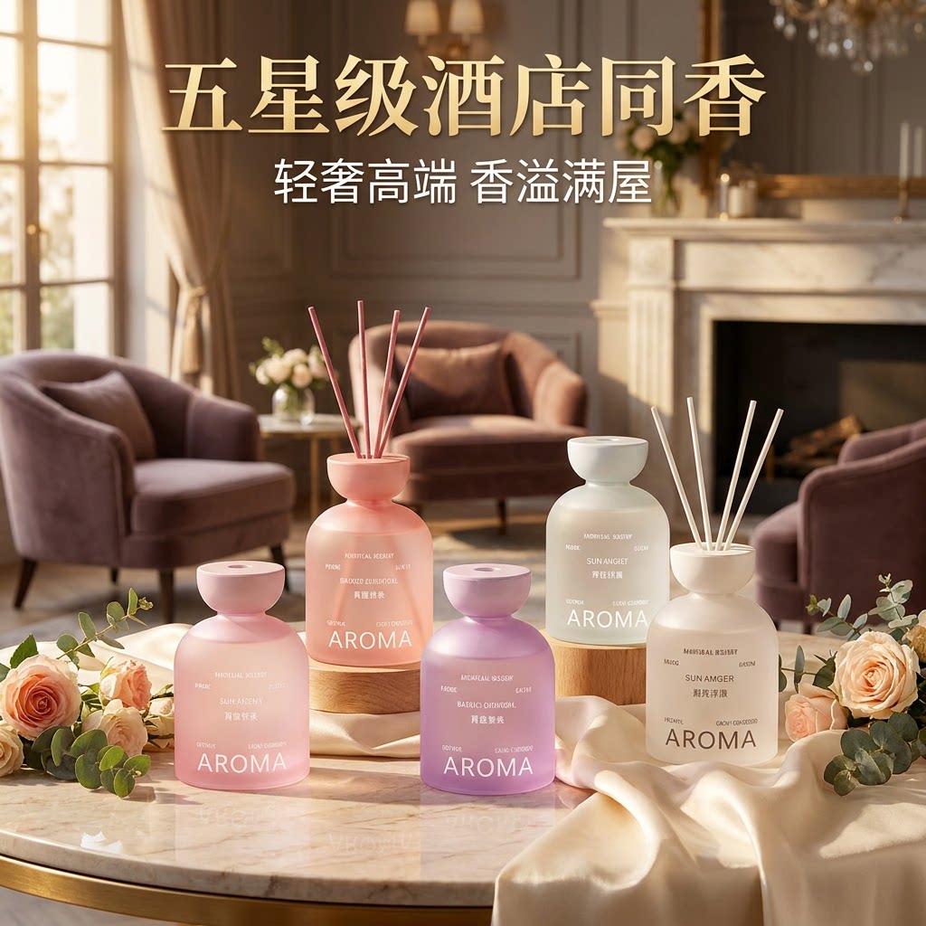 彩色磨砂瓶无火藤条香薰家用卧室持久留香精油扩香香氛摆件200ML