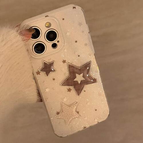 立体棕格纹星星适用苹果16手机壳闪粉iphone15promax软套14双层11