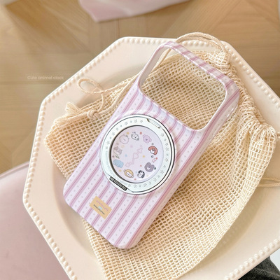 卡通适用iphone17pm手机壳苹果16粉时钟小狗15支点17旋转磁吸支架