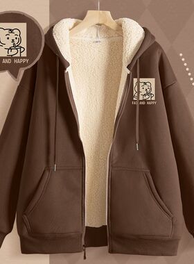 黑色小个子连帽拉链显瘦卫衣女冬季2024新款加绒加厚羊羔绒开衫冬