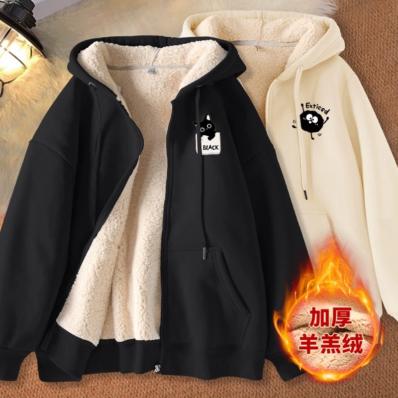 加绒加厚宽松印花开衫