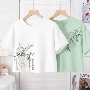 新中式国风短袖t恤女夏装2024新款夏季学生宽松短款上衣绿色半袖