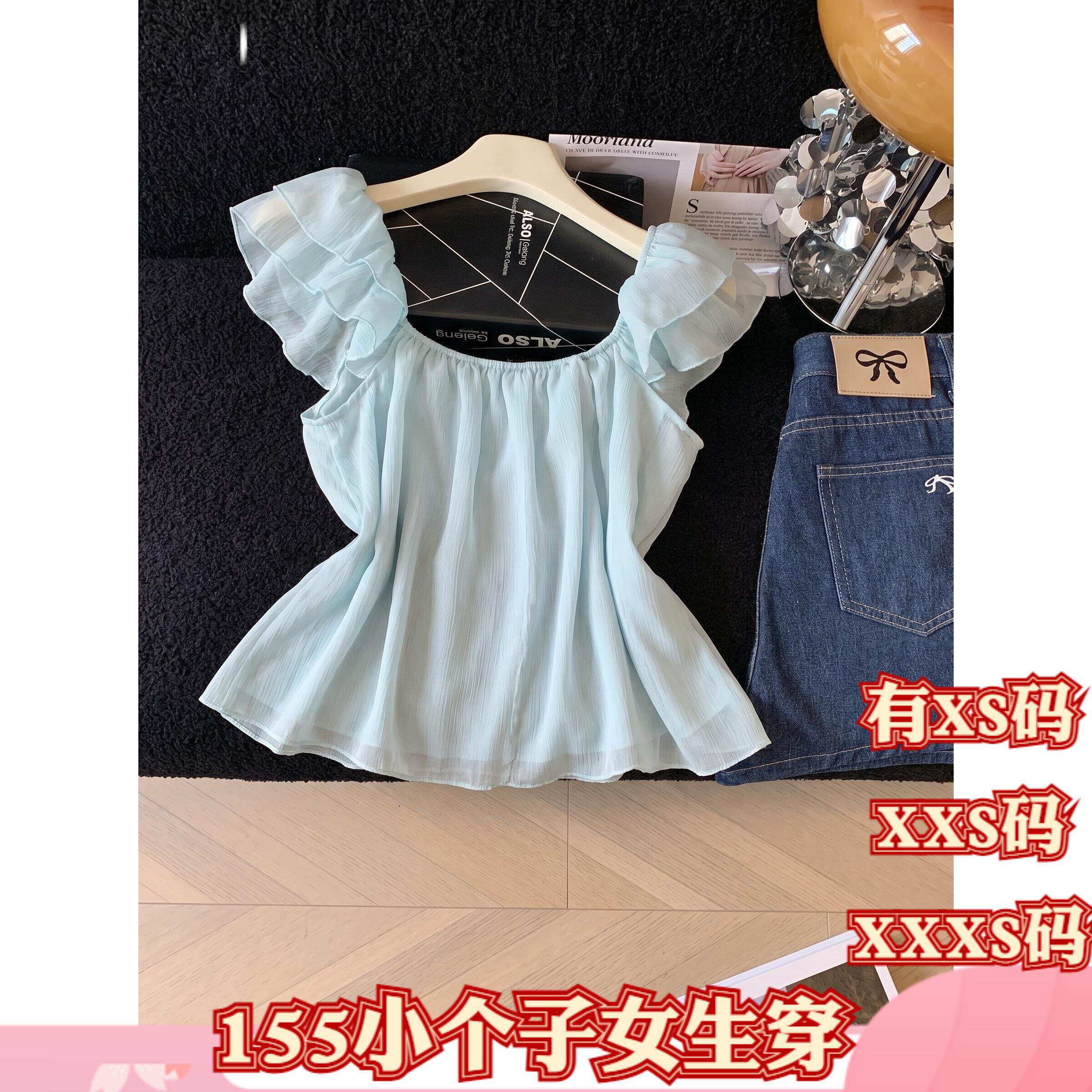 夏装150cm矮个子显高加小码XXXS女装立体花边雪纺衬衫一字肩小衫