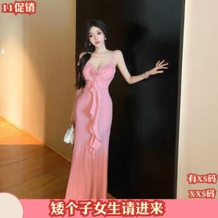 秋季155cm小矮个子XXS新款女装显高V领无袖包臀连衣裙