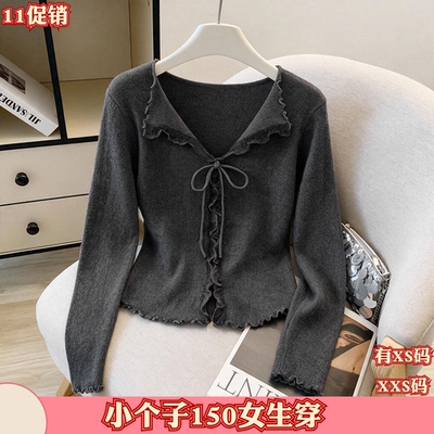 秋季150cm小个子新款XXS女装系带V领长袖打底衫女收腰小衫
