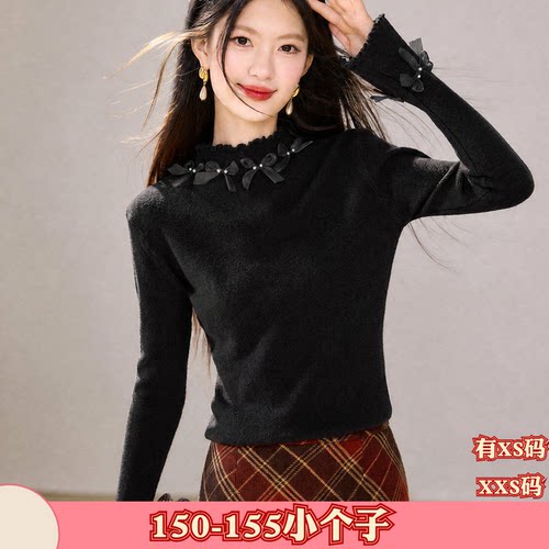 150cm加小码女装秋装XXS显高矮个子针织衫蝴蝶结领木耳边毛衣女