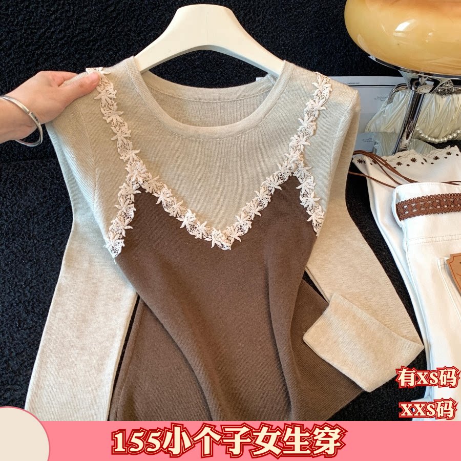 新款女装秋季小个子150cm加小码XXS蕾丝拼接针织衫假两件打底衫