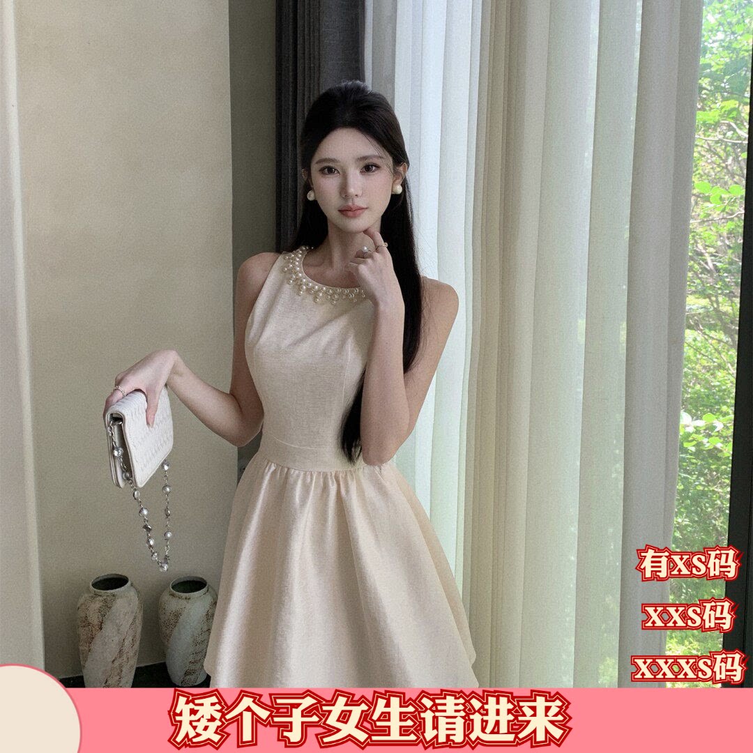 春装155矮个子XXXS150cm女装小香风无袖重工钉珠收腰时尚连衣裙女