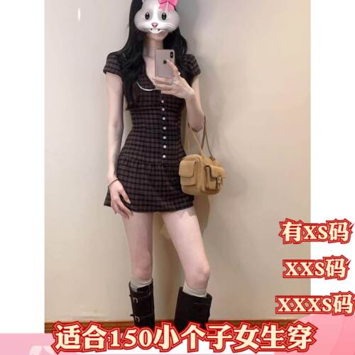 夏季155cm矮个子搭配XXXS150女装短袖娃娃领格纹连衣裙收腰短裙女