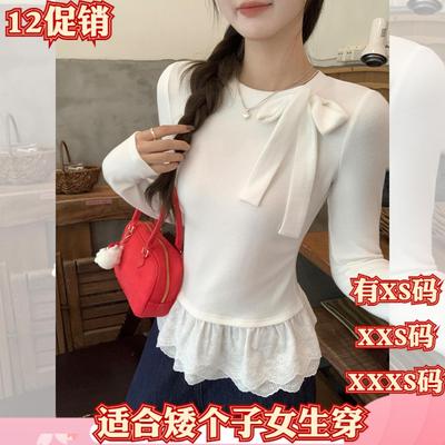 小个子女装冬装加小码XXXS150cm显高蝴蝶结半高领打底衫T恤蕾丝边