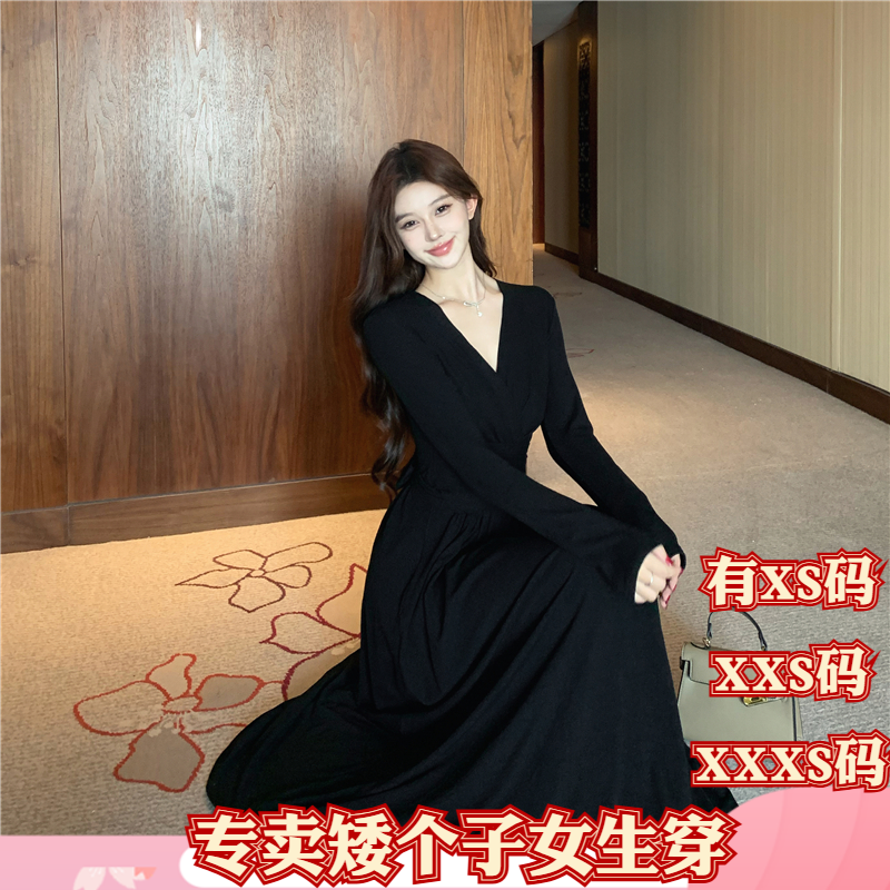 冬装加小码XXXS女装小个子150cm显高V领高级感高腰收腰小裙连衣裙