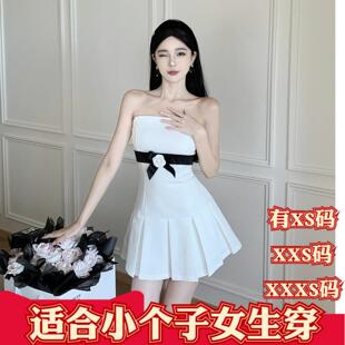 XXXS150cm显高撞色百褶吊带抹胸短裙连衣裙 加小码 矮个子女装 夏装