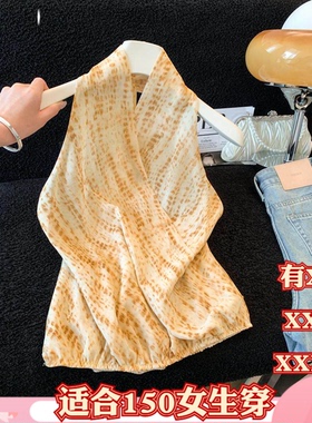 女装夏装150cm显高加小码矮个子XXXS号V领印花挂脖吊带背心无袖女
