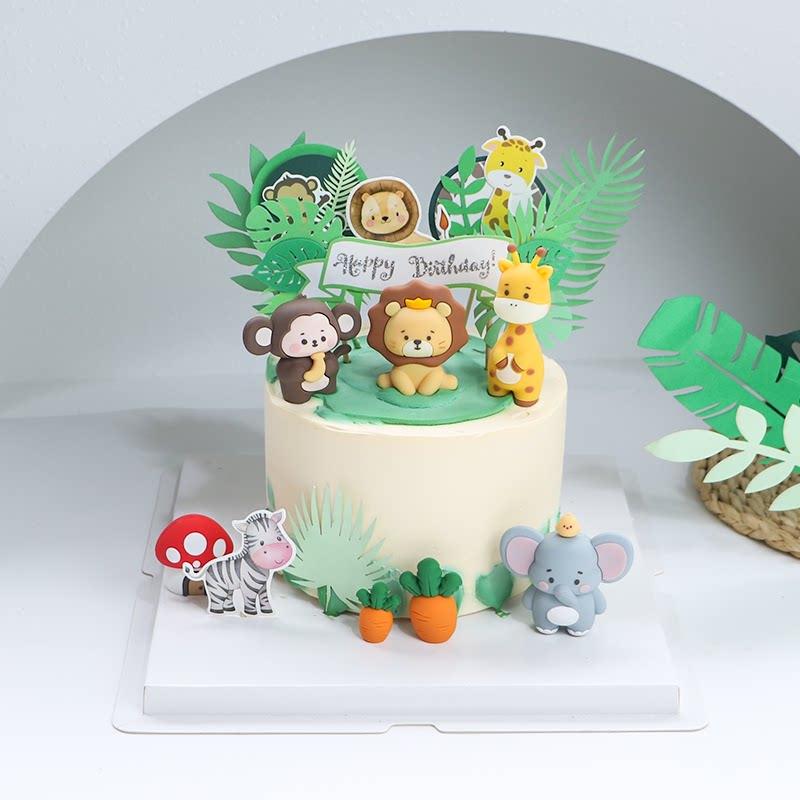 立体软胶小动物蛋糕装饰狮子大象猴子长颈鹿动物园儿童生日摆件