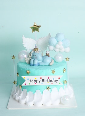蓝色树脂卡通独角兽宝宝儿童生日蛋糕装饰摆件hp横幅插牌烘焙插件