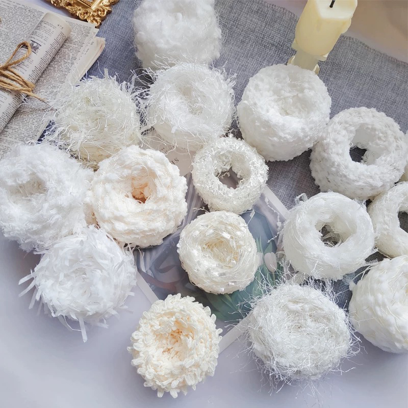 白色系配线单线马海毛奶棉蝴蝶网纱豆豆球球特色编织毛线手工diy