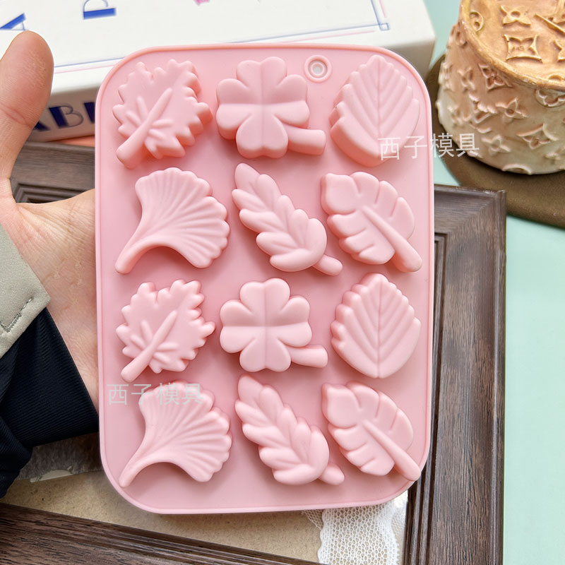 12连银杏叶树叶硅胶模具巧克力软糖烘焙工具滴胶蜡烛皂模