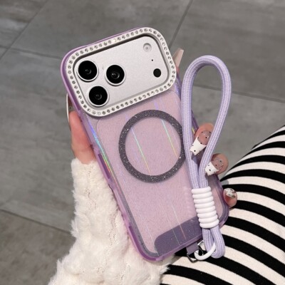 高级感极光闪粉适用苹果17promax磁吸手机壳iPhone16Pro紫色点钻大孔15时尚14个性女13防摔保护套带同款手绳