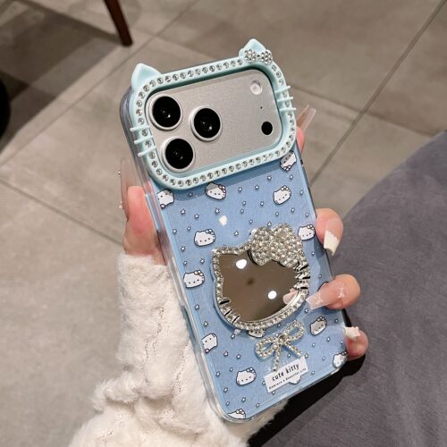 ins风多巴胺海盐蓝镶钻猫耳朵可爱补妆镜适用苹果17promax手机壳iPhone16pro闪粉13pro女14带镜子12por防摔11
